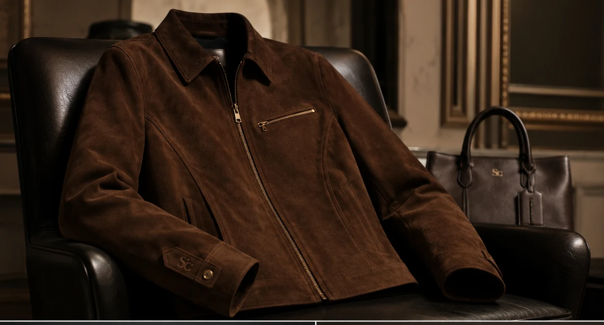 The Mayfair Suede Jacket - Front View in Burl Brown